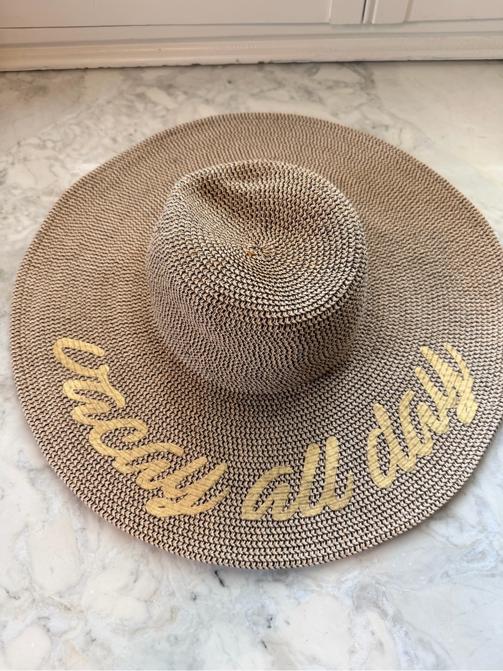 Wide Brim Straw Sun Hat - 'Sun's All Day' Embroidered - Beige